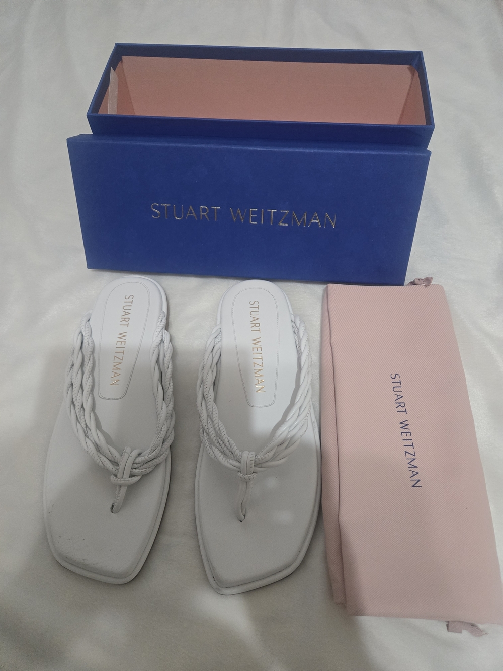 Stuart Weitzman White Braided Leather Thong Sandals with Dust Bag